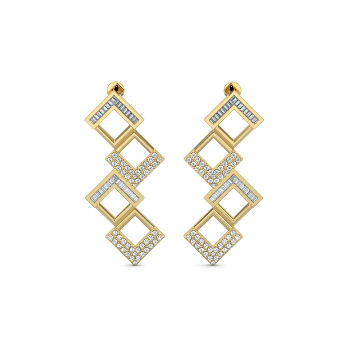 Yellow Gold, Diamond Earrings, Natural diamond earrings, Lab-grown diamond earrings, Glittering Quad Earrings, long earrings, baguette channeling, round diamonds, luxury earrings, sophisticated jewelry, modern elegance
