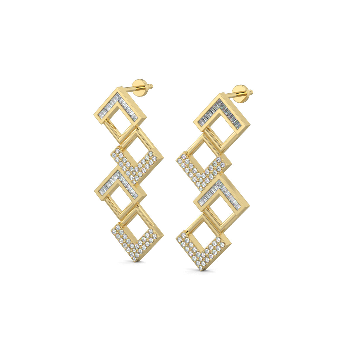 Yellow Gold, Diamond Earrings, Natural diamond earrings, Lab-grown diamond earrings, Glittering Quad Earrings, long earrings, baguette channeling, round diamonds, luxury earrings, sophisticated jewelry, modern elegance