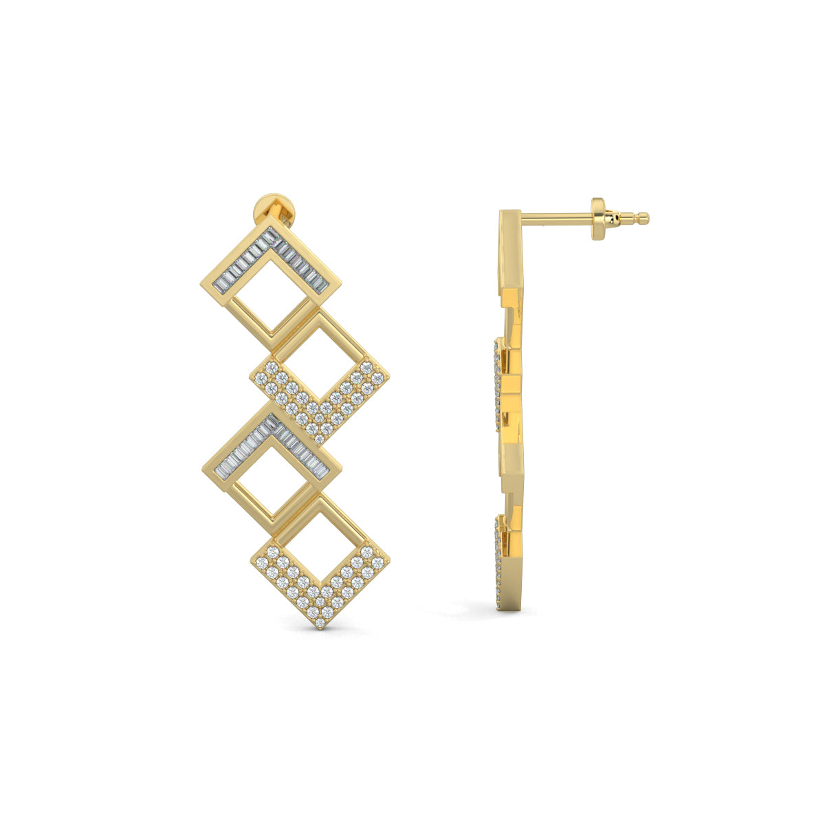 Yellow Gold, Diamond Earrings, Natural diamond earrings, Lab-grown diamond earrings, Glittering Quad Earrings, long earrings, baguette channeling, round diamonds, luxury earrings, sophisticated jewelry, modern elegance