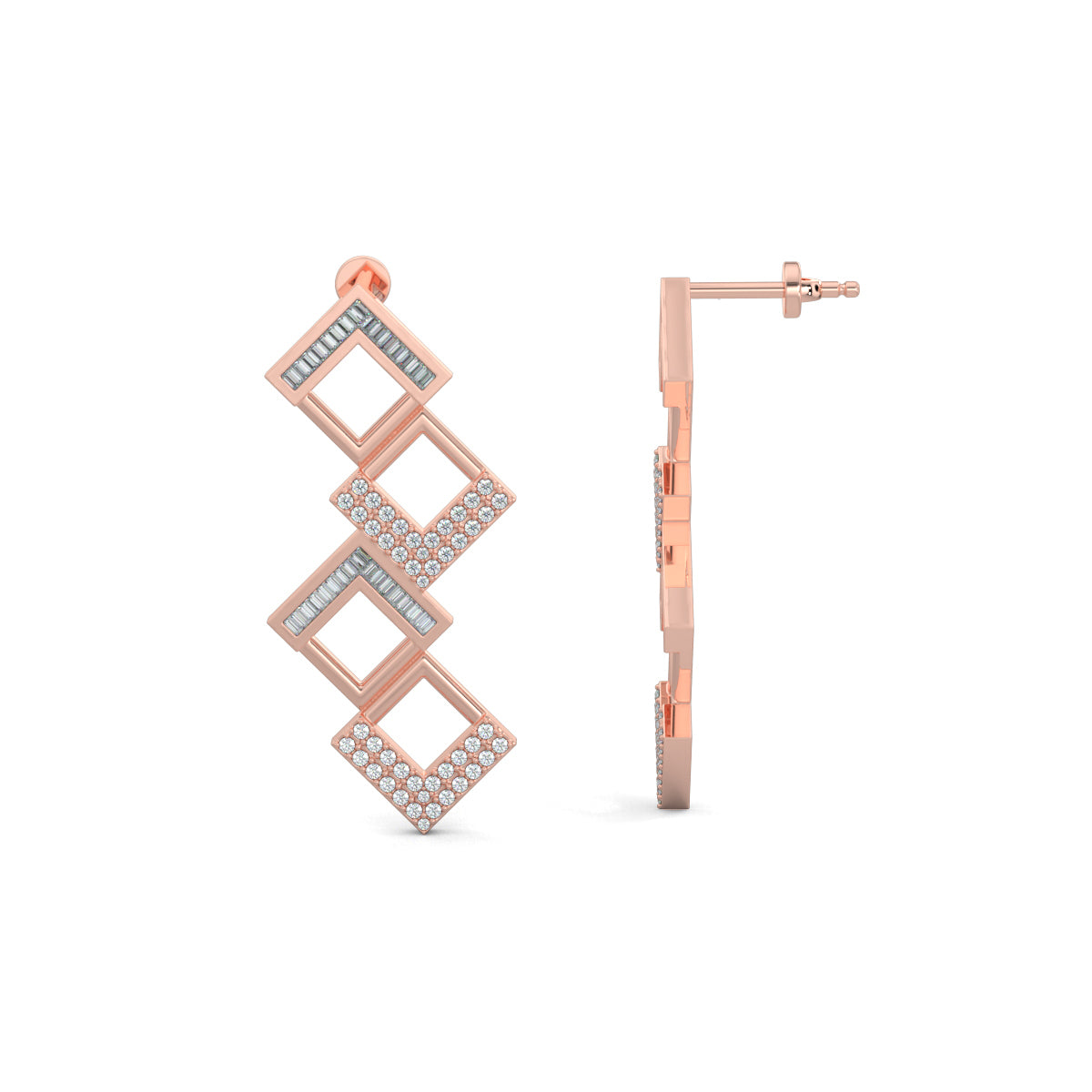 Rose Gold, Diamond Earrings, Natural diamond earrings, Lab-grown diamond earrings, Glittering Quad Earrings, long earrings, baguette channeling, round diamonds, luxury earrings, sophisticated jewelry, modern elegance