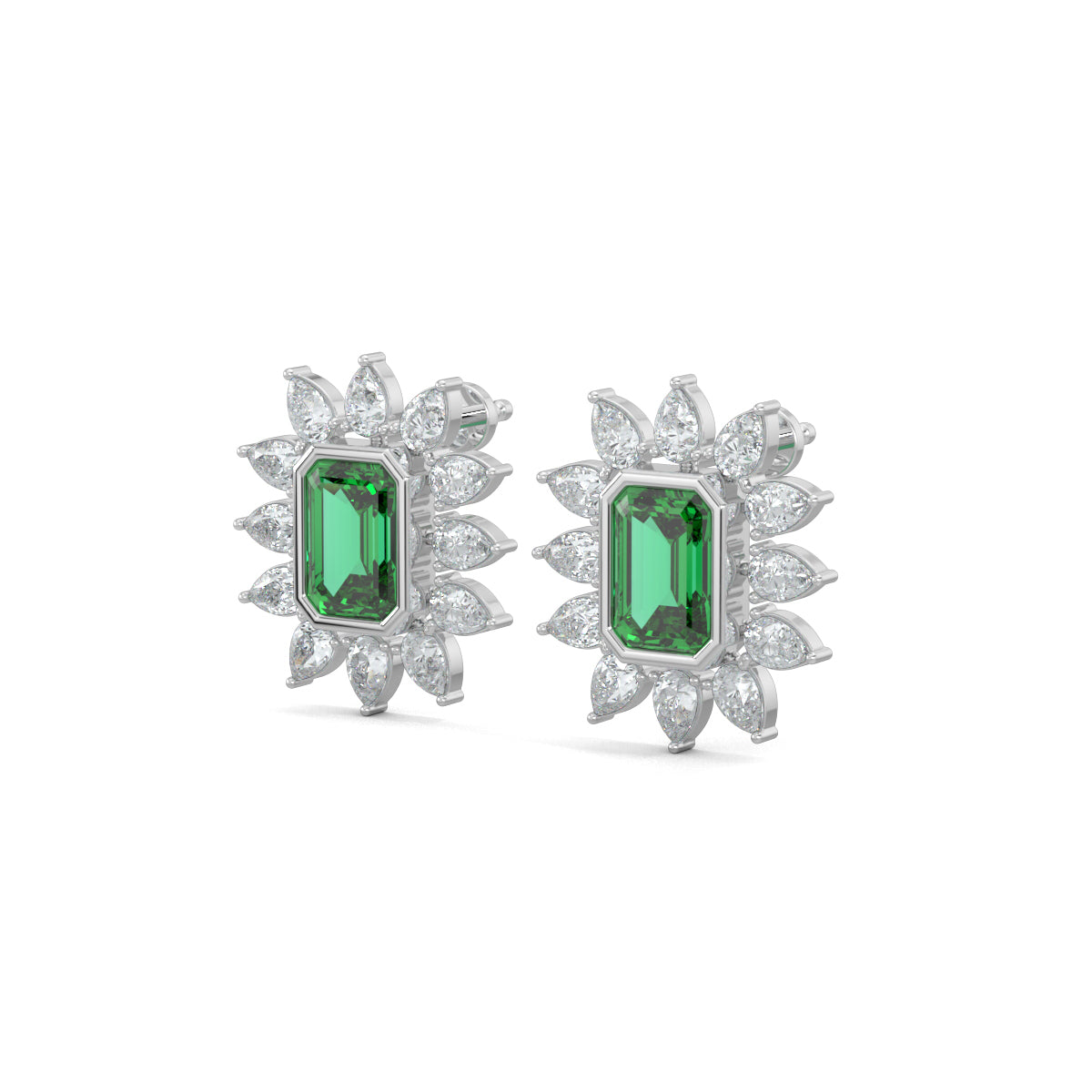 White Gold, Diamond Earrings, Floral Finesse Stud Earrings, natural diamonds, lab-grown diamonds, green emerald center, pear-shaped diamonds, nature-inspired jewelry, elegant studs, timeless elegance