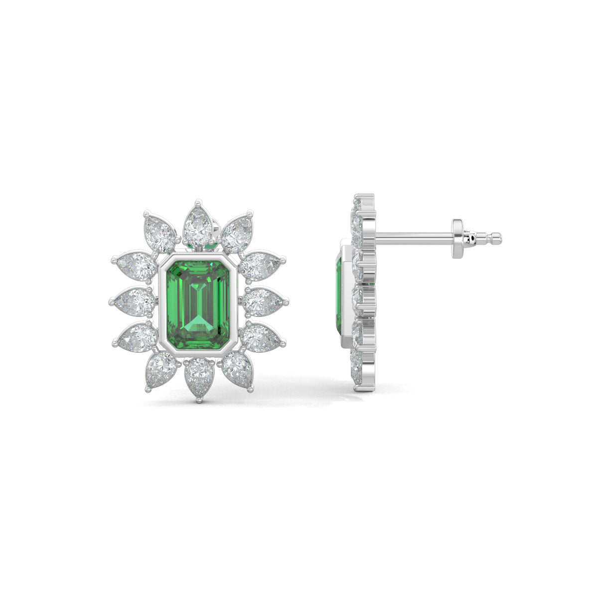 White Gold, Diamond Earrings, Floral Finesse Stud Earrings, natural diamonds, lab-grown diamonds, green emerald center, pear-shaped diamonds, nature-inspired jewelry, elegant studs, timeless elegance