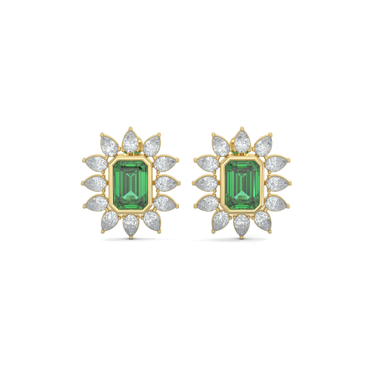Yellow Gold, Diamond Earrings, Floral Finesse Stud Earrings, natural diamonds, lab-grown diamonds, green emerald center, pear-shaped diamonds, nature-inspired jewelry, elegant studs, timeless elegance