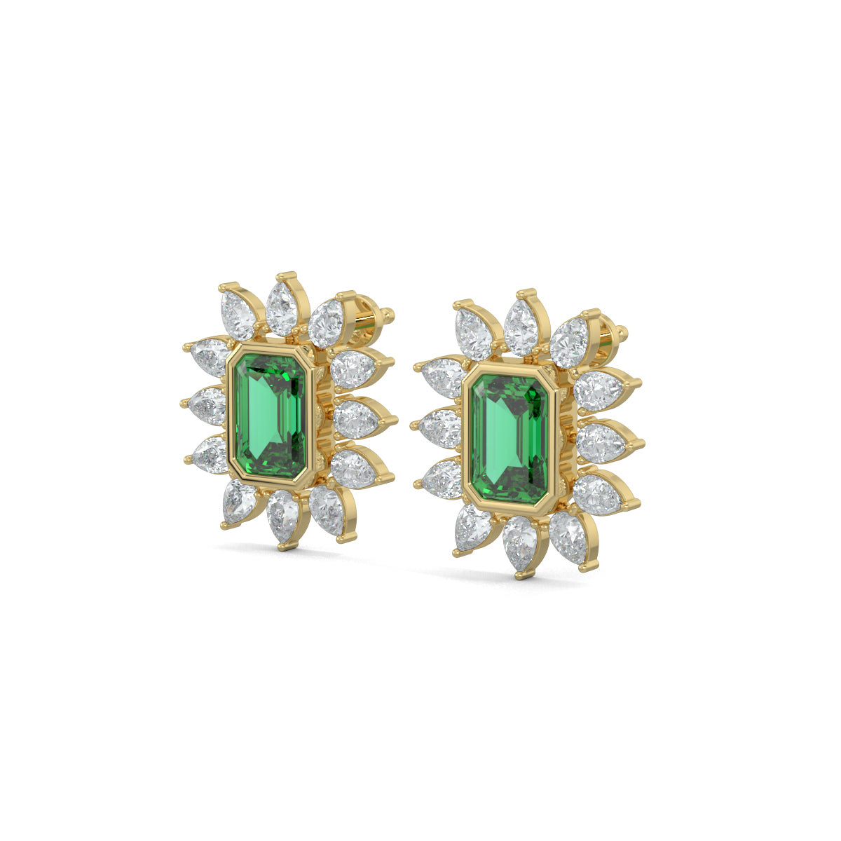 Yellow Gold, Diamond Earrings, Floral Finesse Stud Earrings, natural diamonds, lab-grown diamonds, green emerald center, pear-shaped diamonds, nature-inspired jewelry, elegant studs, timeless elegance
