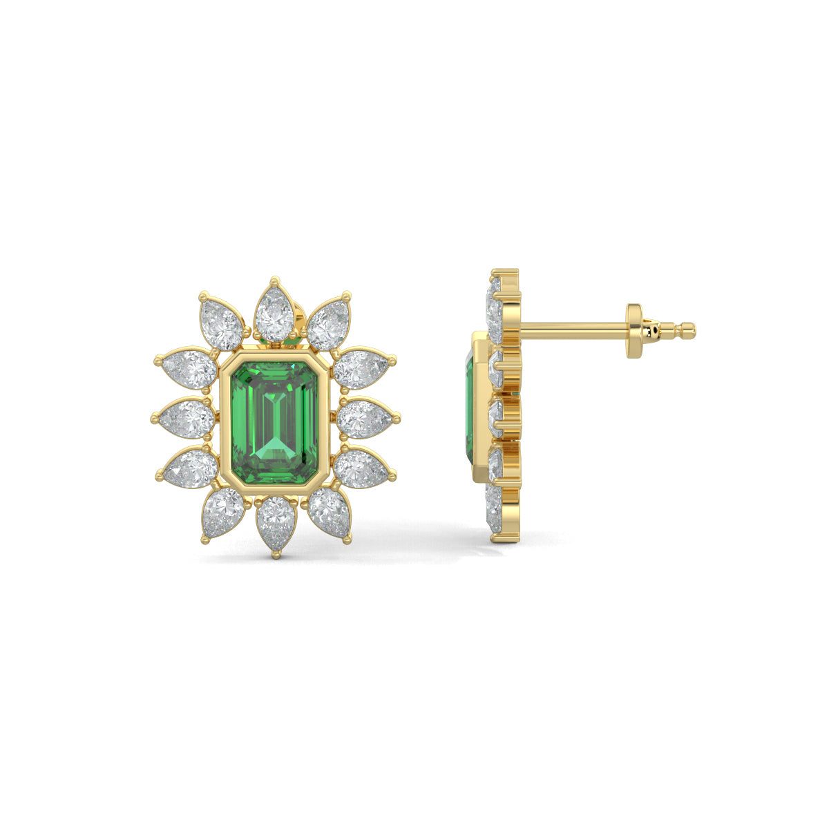 Yellow Gold, Diamond Earrings, Floral Finesse Stud Earrings, natural diamonds, lab-grown diamonds, green emerald center, pear-shaped diamonds, nature-inspired jewelry, elegant studs, timeless elegance