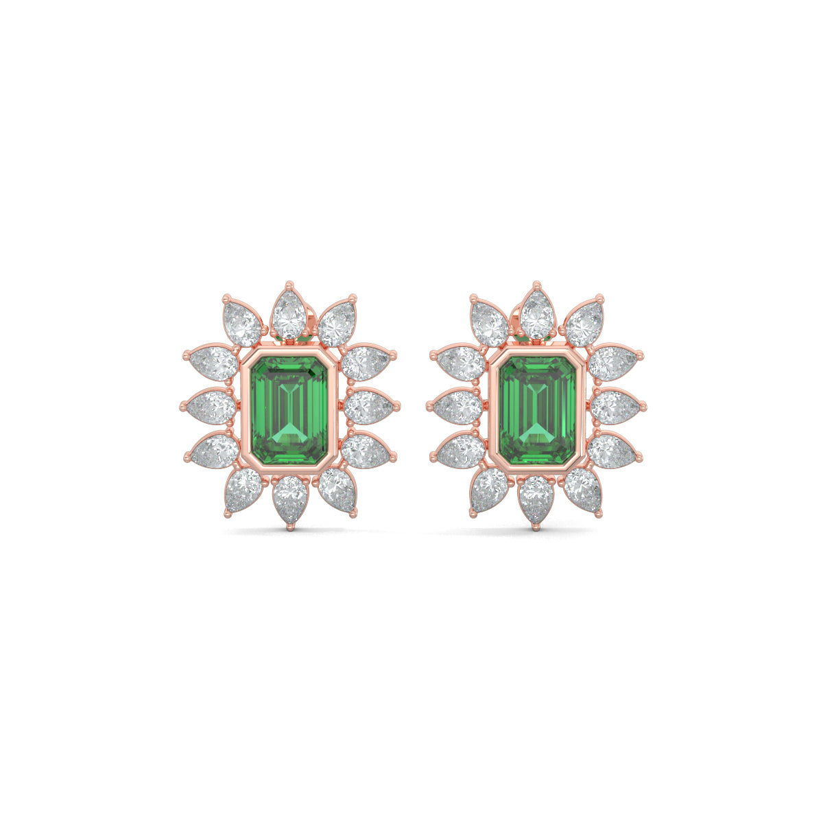 Rose Gold, Diamond Earrings, Floral Finesse Stud Earrings, natural diamonds, lab-grown diamonds, green emerald center, pear-shaped diamonds, nature-inspired jewelry, elegant studs, timeless elegance