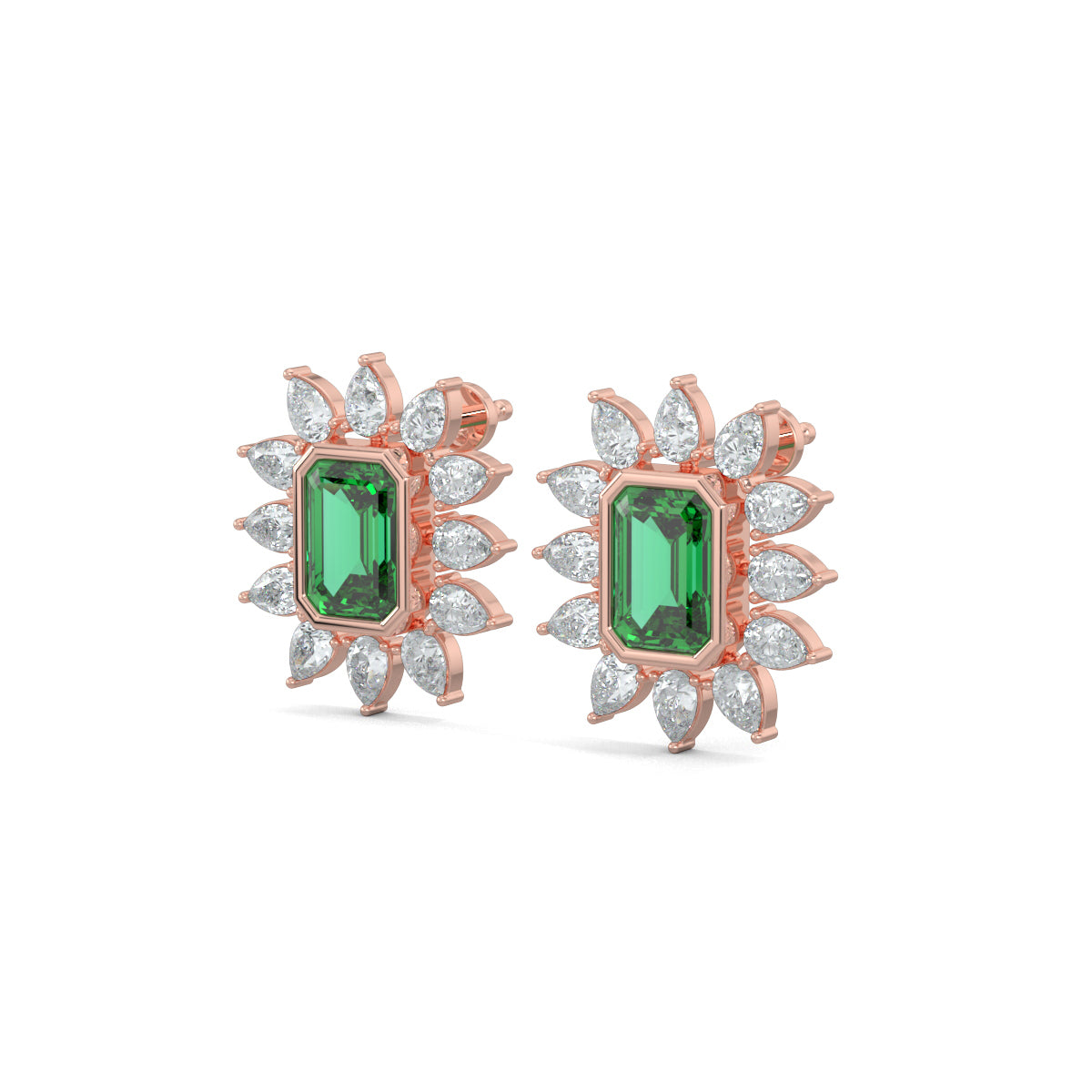 Rose Gold, Diamond Earrings, Floral Finesse Stud Earrings, natural diamonds, lab-grown diamonds, green emerald center, pear-shaped diamonds, nature-inspired jewelry, elegant studs, timeless elegance