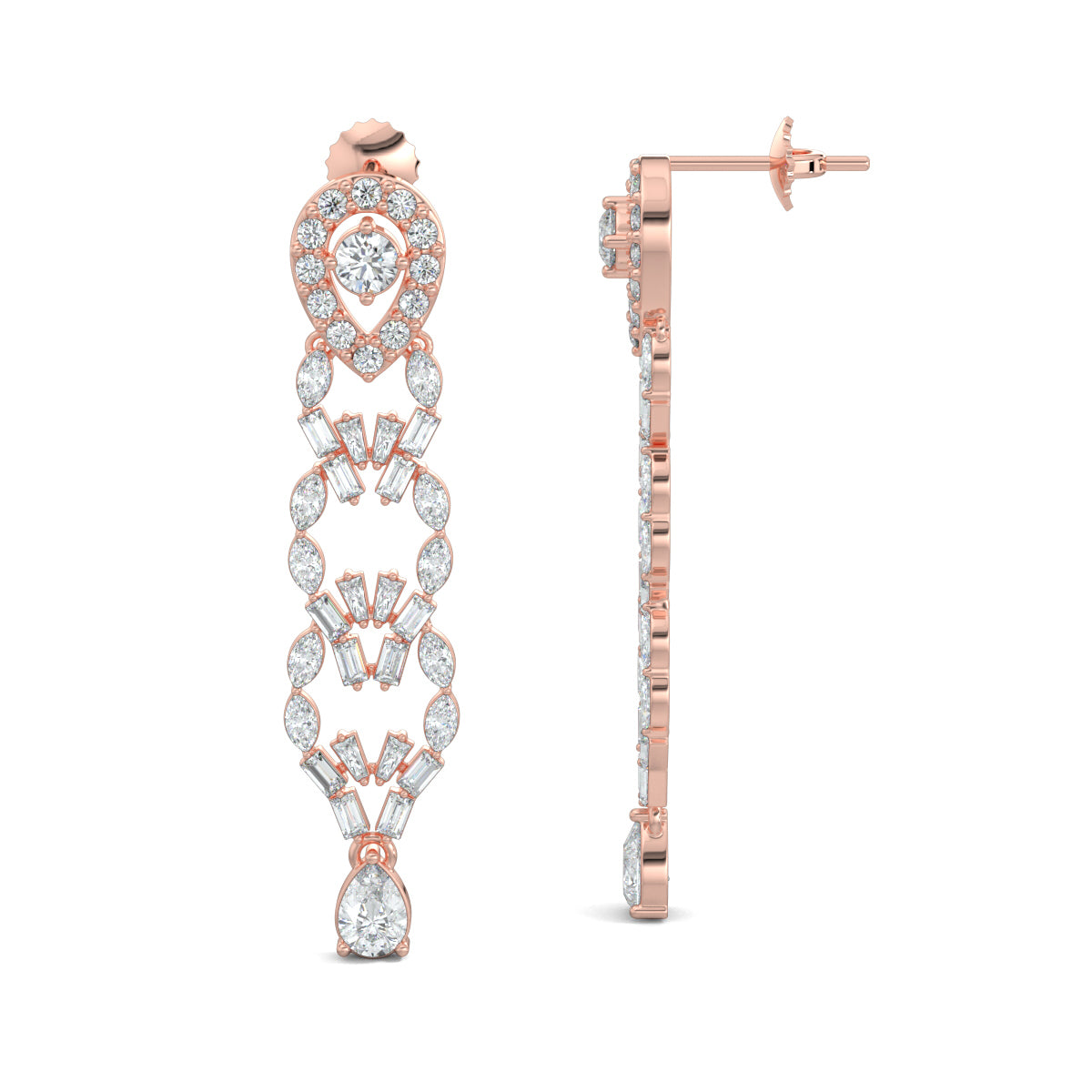 Rose Gold, Diamond Earrings, Natural diamond earrings, Lab-grown diamond earrings, long earrings, pear shape diamonds, marquise diamonds, baguette diamonds, lab-grown diamonds, statement jewelry, sparkling earrings, Borealis Diamond Earrings, luxury accessories