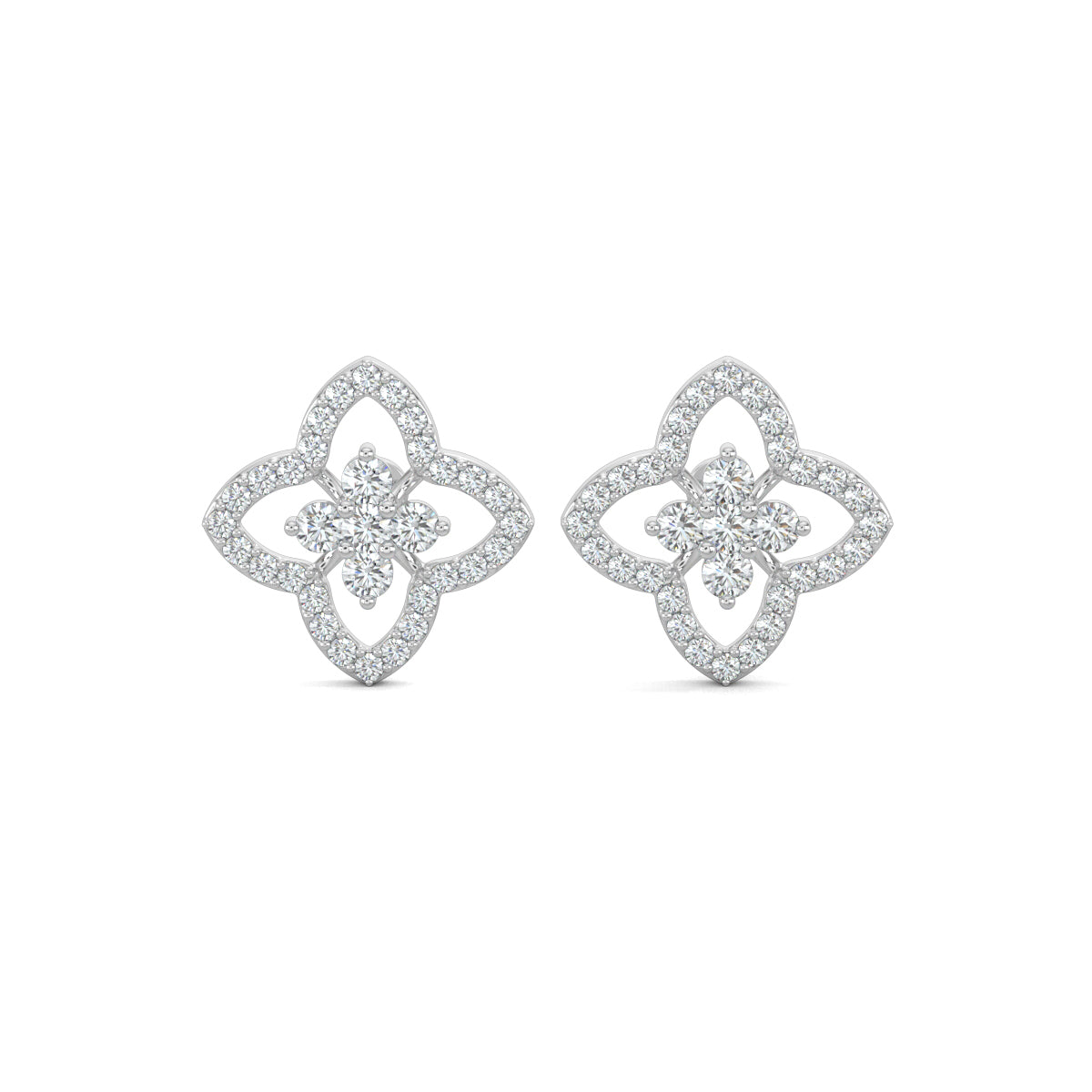 White Gold, Diamond Earrings, Natural diamond earrings, Lab-grown diamond earrings, petite flower studs, round diamond border, floral design earrings, elegant jewelry, diamond stud earrings, flower-shaped studs