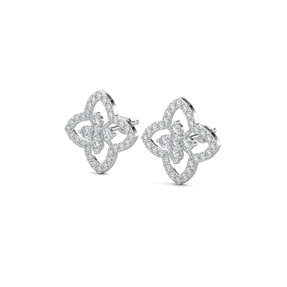 White Gold, Diamond Earrings, Natural diamond earrings, Lab-grown diamond earrings, petite flower studs, round diamond border, floral design earrings, elegant jewelry, diamond stud earrings, flower-shaped studs