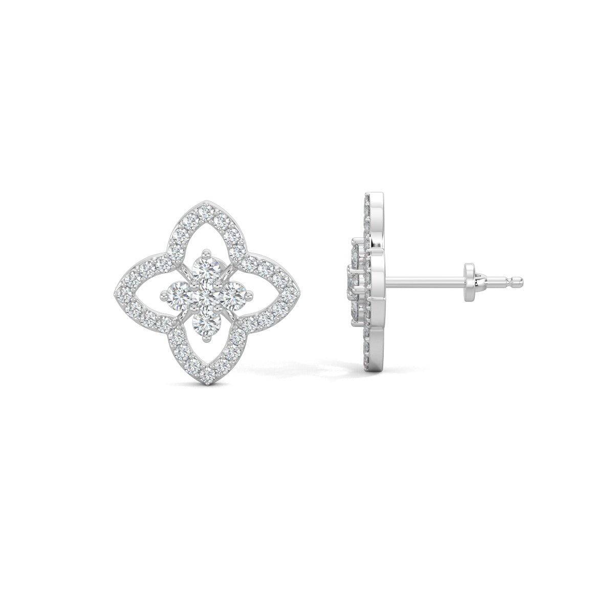 White Gold, Diamond Earrings, Natural diamond earrings, Lab-grown diamond earrings, petite flower studs, round diamond border, floral design earrings, elegant jewelry, diamond stud earrings, flower-shaped studs
