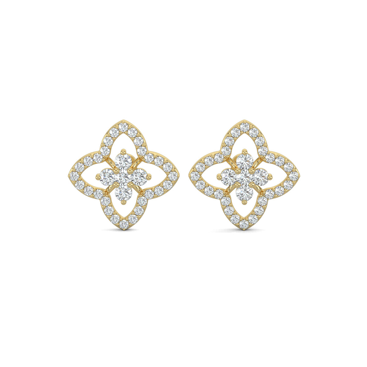 Yellow Gold, Diamond Earrings, Natural diamond earrings, Lab-grown diamond earrings, petite flower studs, round diamond border, floral design earrings, elegant jewelry, diamond stud earrings, flower-shaped studs