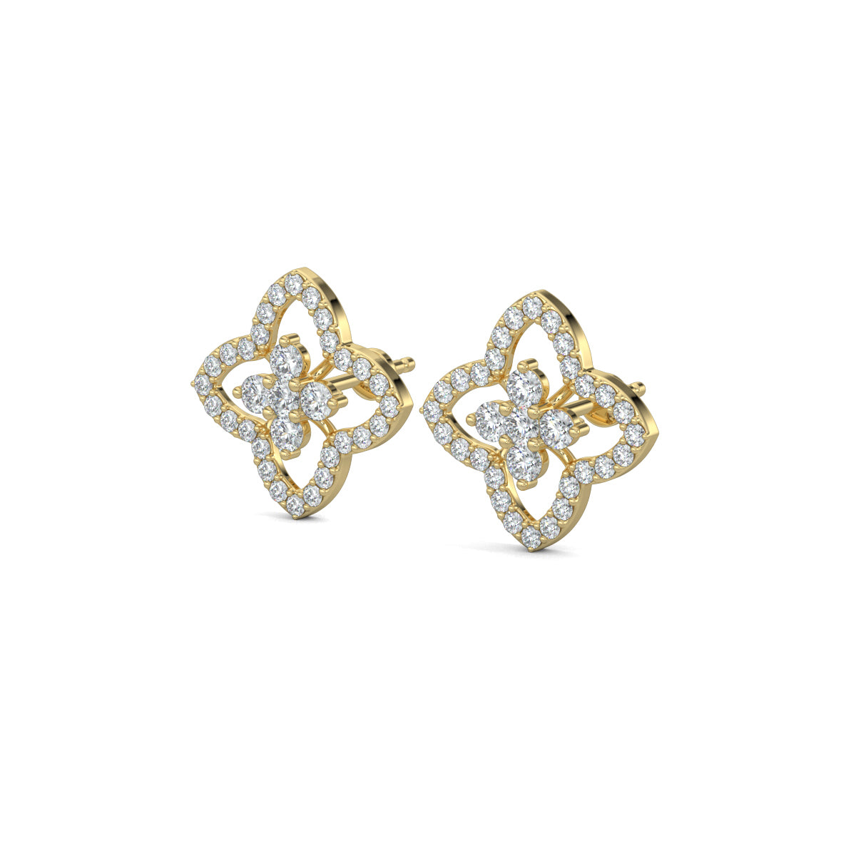 Yellow Gold, Diamond Earrings, Natural diamond earrings, Lab-grown diamond earrings, petite flower studs, round diamond border, floral design earrings, elegant jewelry, diamond stud earrings, flower-shaped studs