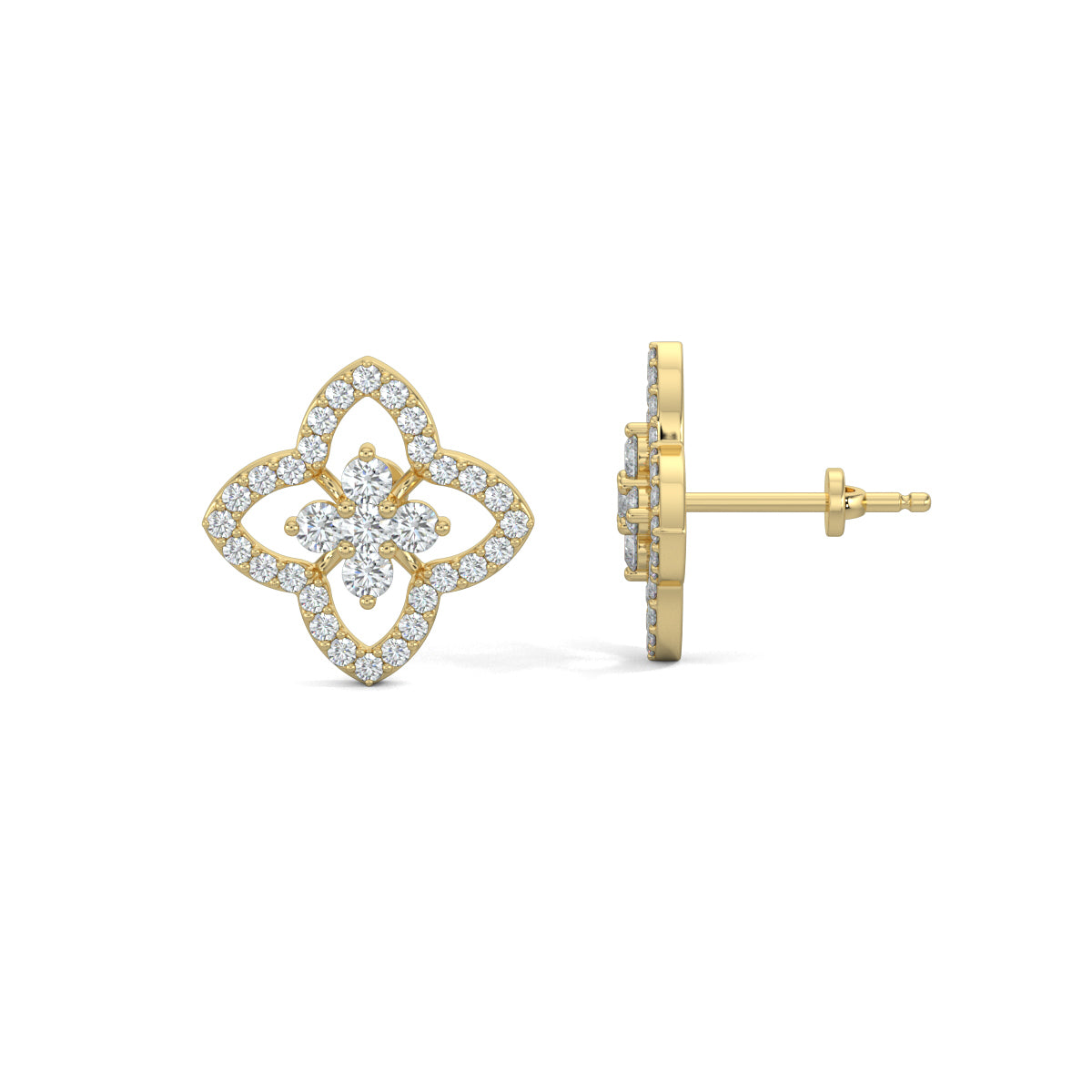 Yellow Gold, Diamond Earrings, Natural diamond earrings, Lab-grown diamond earrings, petite flower studs, round diamond border, floral design earrings, elegant jewelry, diamond stud earrings, flower-shaped studs