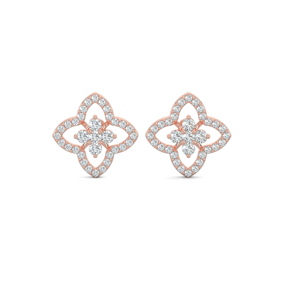 Rose Gold, Diamond Earrings, Natural diamond earrings, Lab-grown diamond earrings, petite flower studs, round diamond border, floral design earrings, elegant jewelry, diamond stud earrings, flower-shaped studs