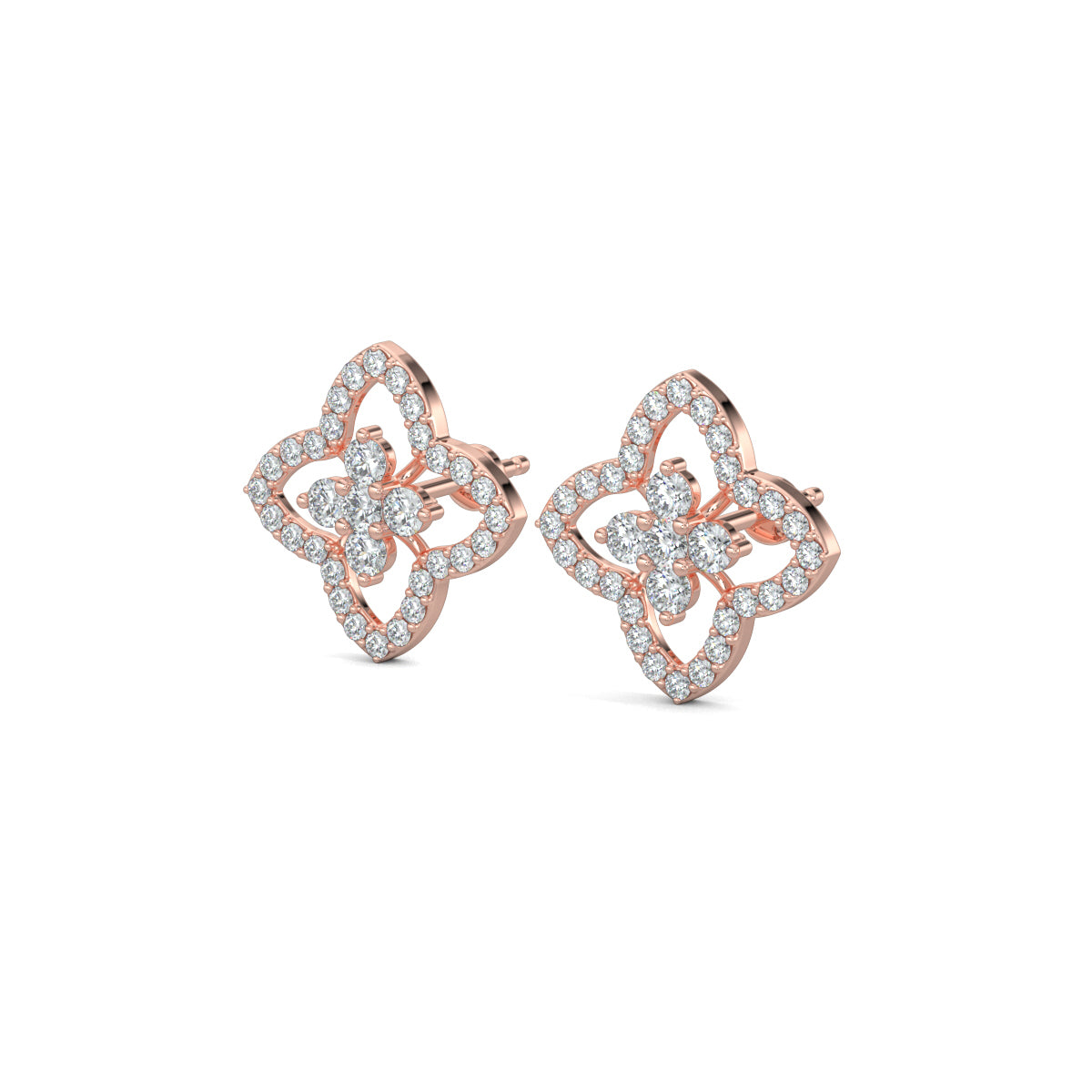 Rose Gold, Diamond Earrings, Natural diamond earrings, Lab-grown diamond earrings, petite flower studs, round diamond border, floral design earrings, elegant jewelry, diamond stud earrings, flower-shaped studs