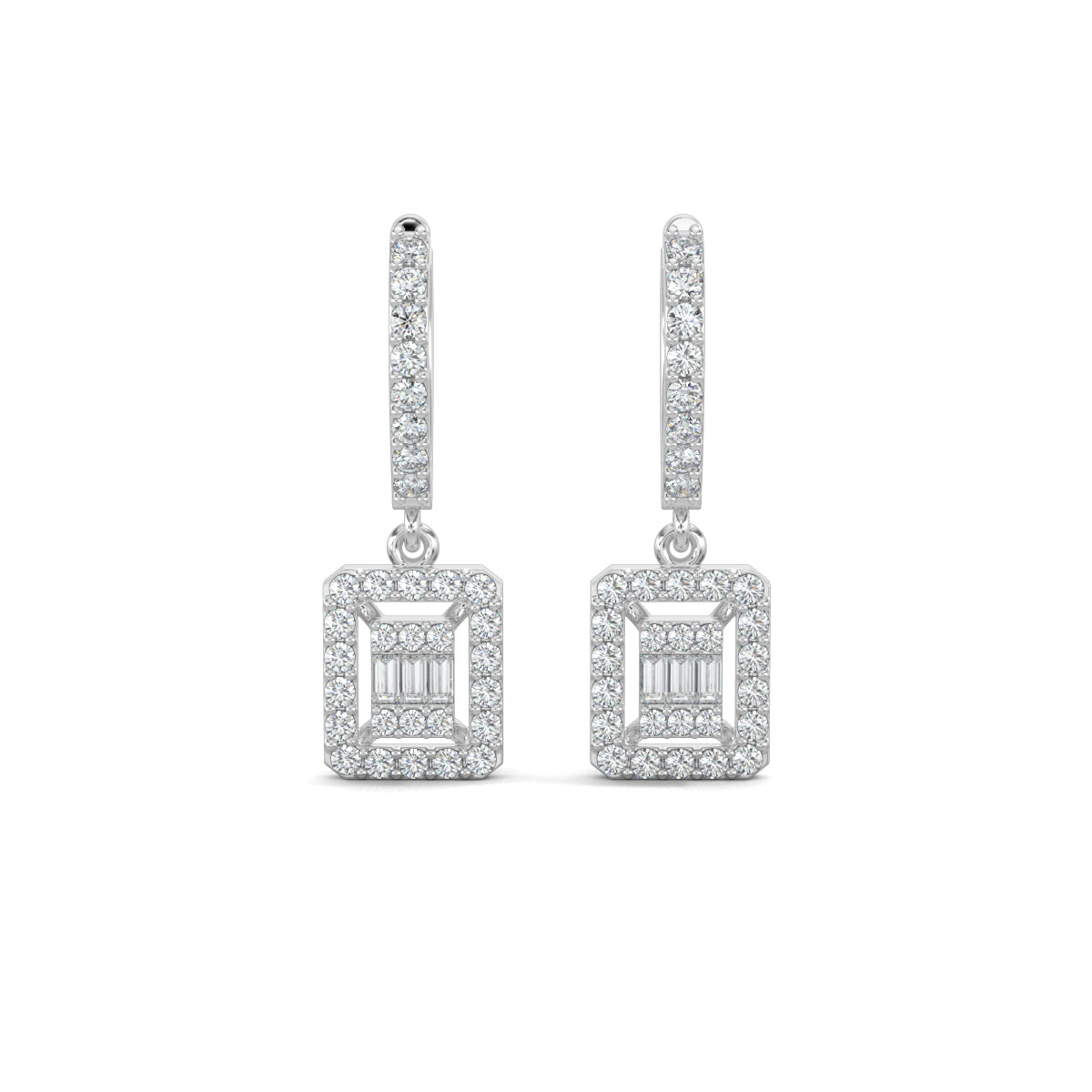 White Gold, Natural diamond earrings, Lab-grown diamond earrings, Elegant Dangler drop Earrings, Pave setting, Halo setting, Modern diamond earrings, Sophisticated jewelry, Diamond drop earrings, Graceful dangler earrings.