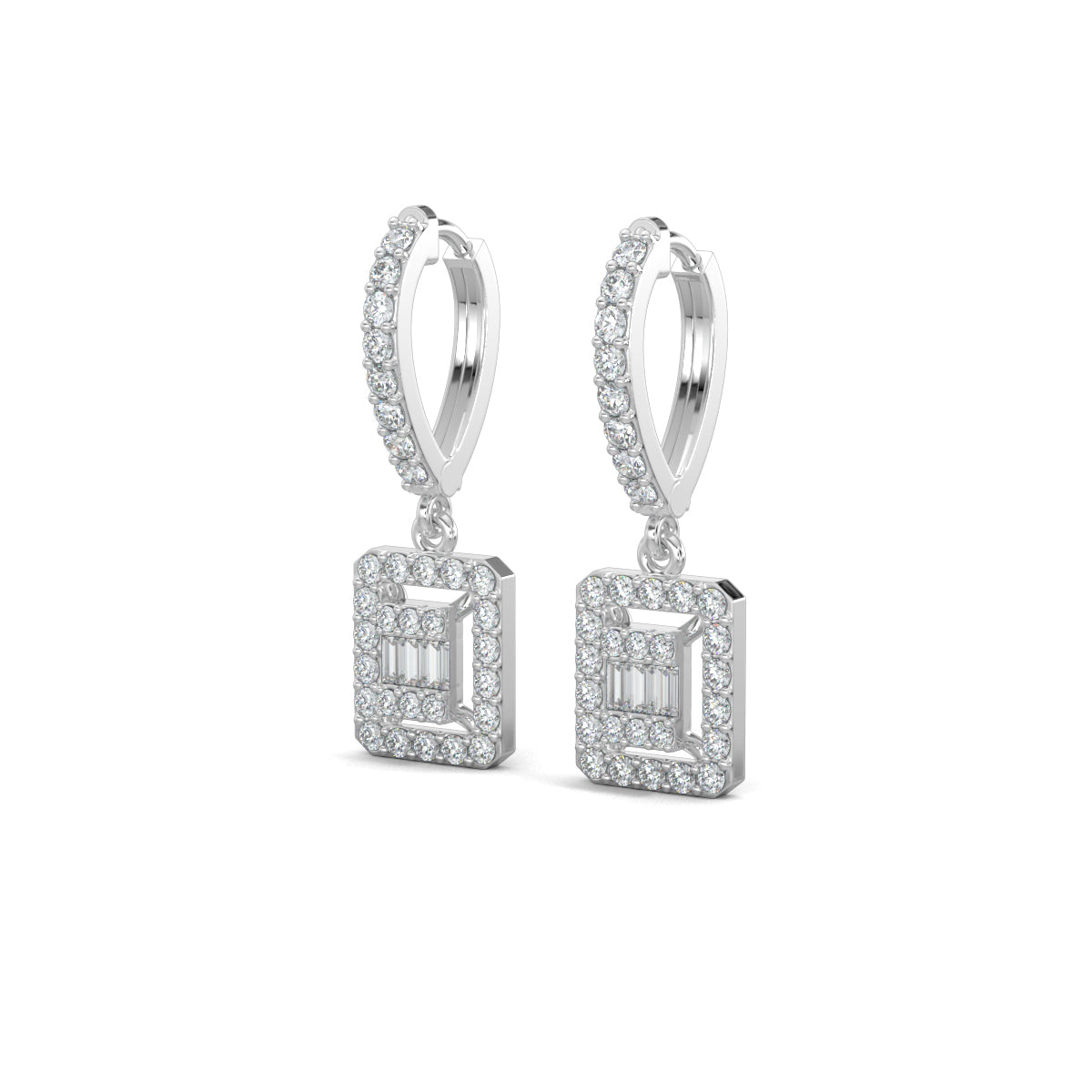 White Gold, Natural diamond earrings, Lab-grown diamond earrings, Elegant Dangler drop Earrings, Pave setting, Halo setting, Modern diamond earrings, Sophisticated jewelry, Diamond drop earrings, Graceful dangler earrings.