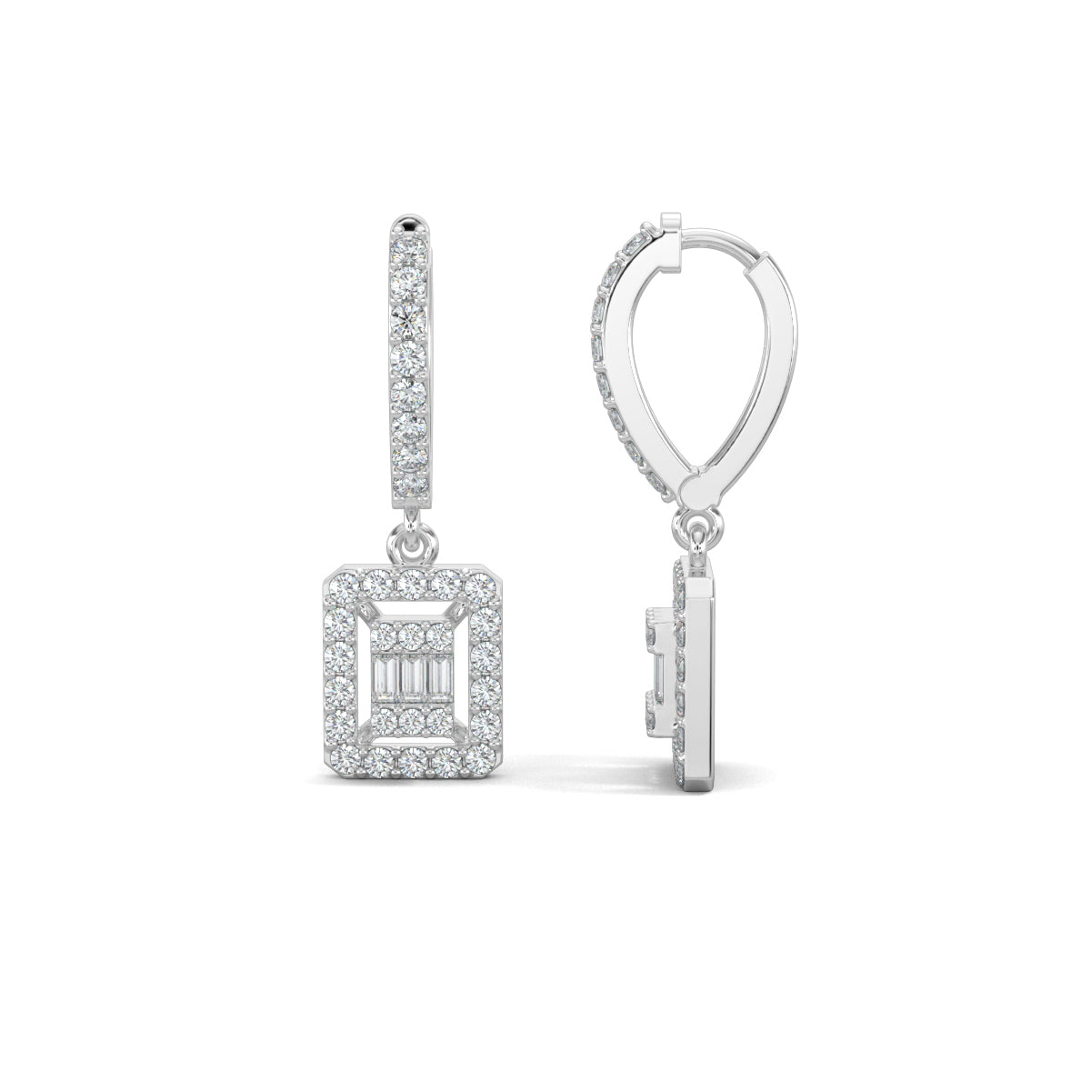 White Gold, Natural diamond earrings, Lab-grown diamond earrings, Elegant Dangler drop Earrings, Pave setting, Halo setting, Modern diamond earrings, Sophisticated jewelry, Diamond drop earrings, Graceful dangler earrings.