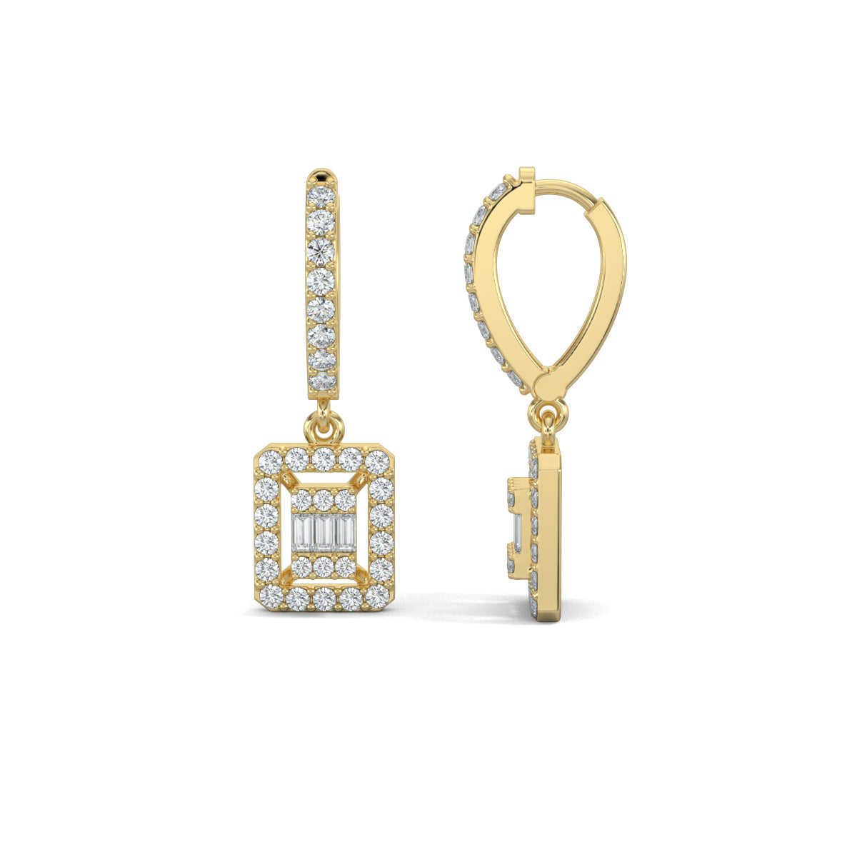 Yellow Gold, Natural diamond earrings, Lab-grown diamond earrings, Elegant Dangler drop Earrings, Pave setting, Halo setting, Modern diamond earrings, Sophisticated jewelry, Diamond drop earrings, Graceful dangler earrings.