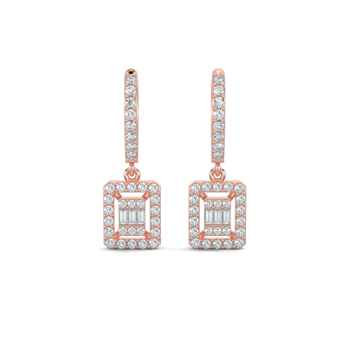 Rose Gold, Natural diamond earrings, Lab-grown diamond earrings, Elegant Dangler drop Earrings, Pave setting, Halo setting, Modern diamond earrings, Sophisticated jewelry, Diamond drop earrings, Graceful dangler earrings.