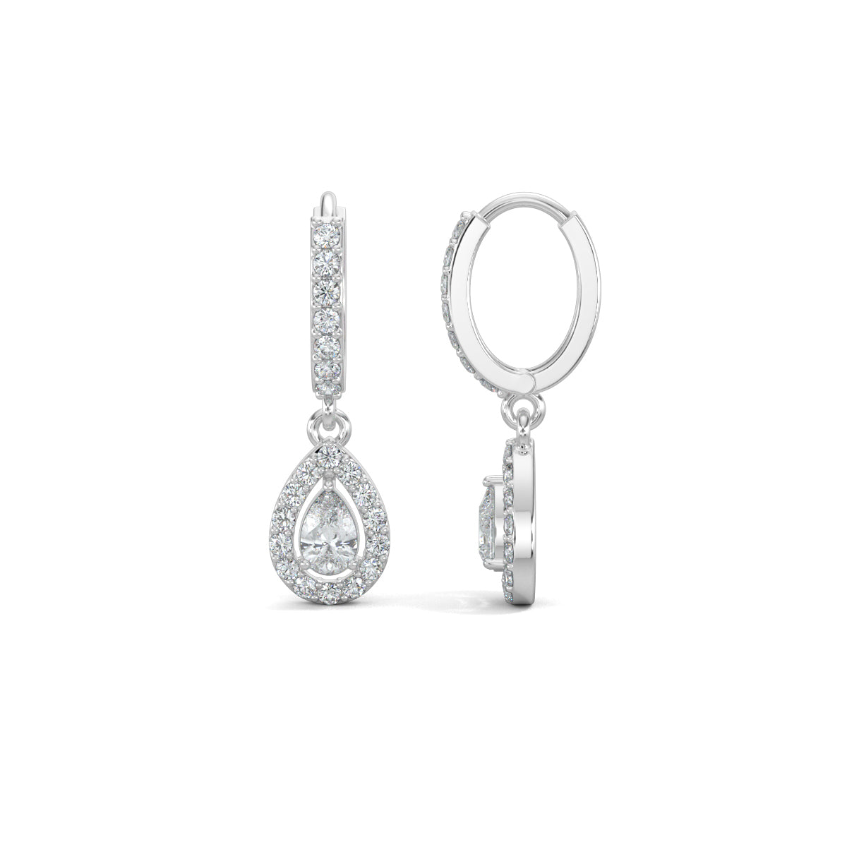 White Gold, Natural diamond dangler earrings, Lab-grown diamond dangler earrings, pave setting, round diamonds, pear diamond, halo setting, modern jewelry, elegant earrings.