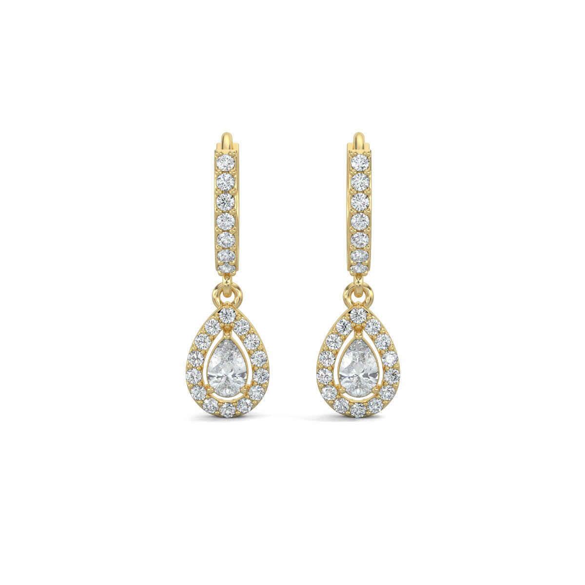 Yellow Gold, Natural diamond dangler earrings, Lab-grown diamond dangler earrings, pave setting, round diamonds, pear diamond, halo setting, modern jewelry, elegant earrings.