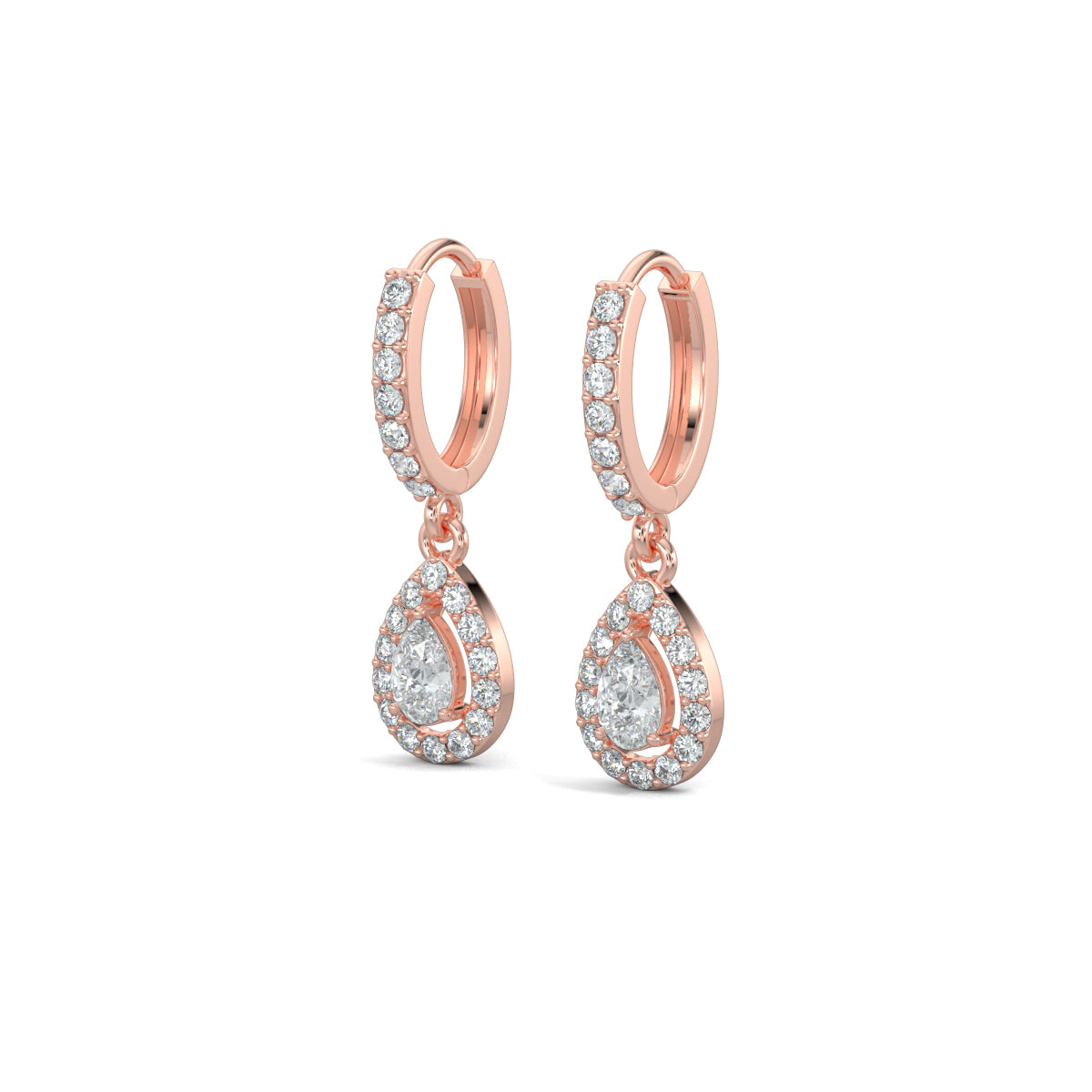 Rose Gold, Natural diamond dangler earrings, Lab-grown diamond dangler earrings, pave setting, round diamonds, pear diamond, halo setting, modern jewelry, elegant earrings.