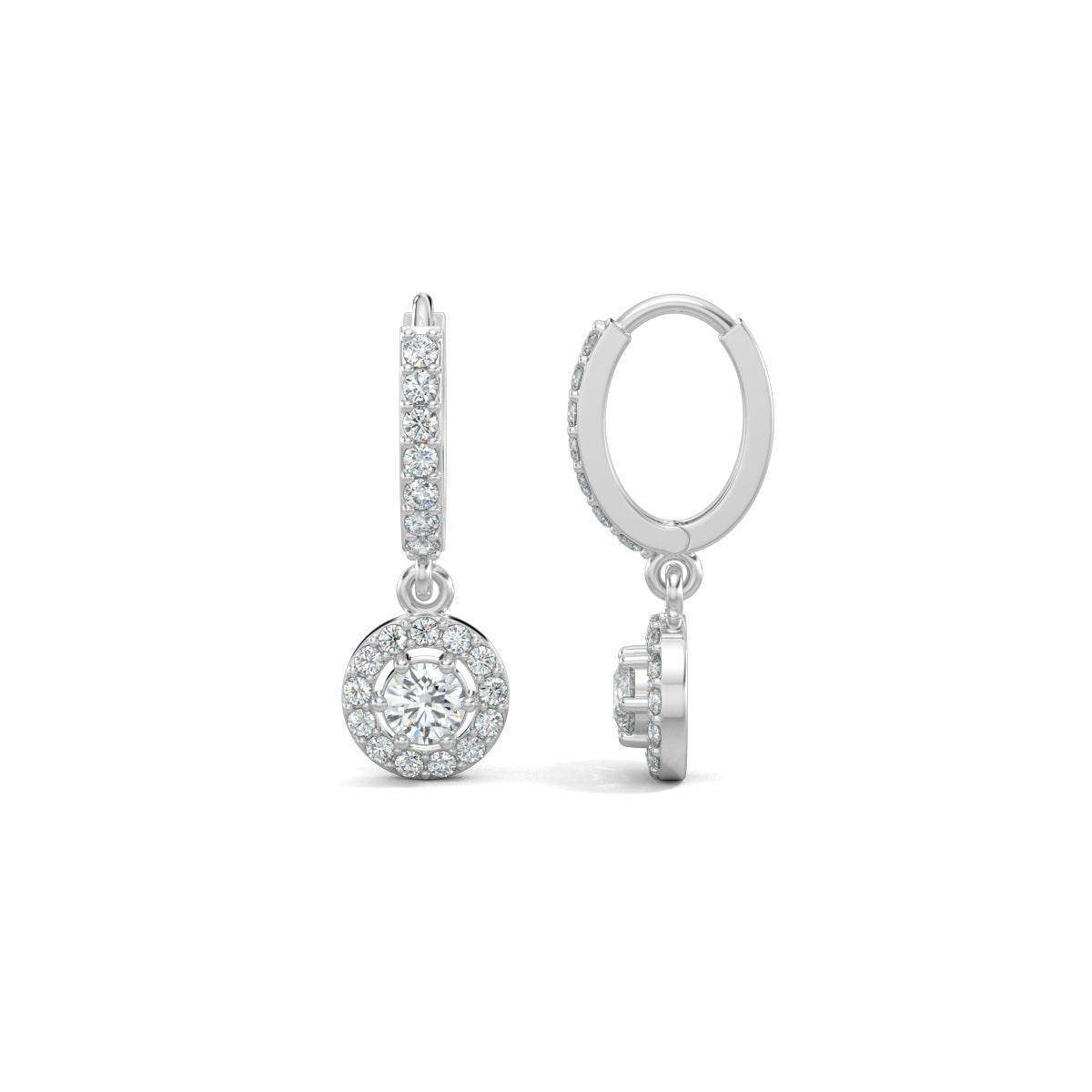 White Gold, Natural diamond hoop earrings, Lab-grown diamond hoop earrings, Pave setting diamond earrings, Halo setting diamond jewelry,Dangler earrings with round diamonds, Celestial diamond earrings, Diamond earrings