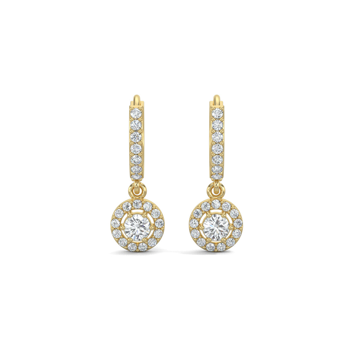 Yellow Gold, Natural diamond hoop earrings, Lab-grown diamond hoop earrings, Pave setting diamond earrings, Halo setting diamond jewelry,Dangler earrings with round diamonds, Celestial diamond earrings, Diamond earrings