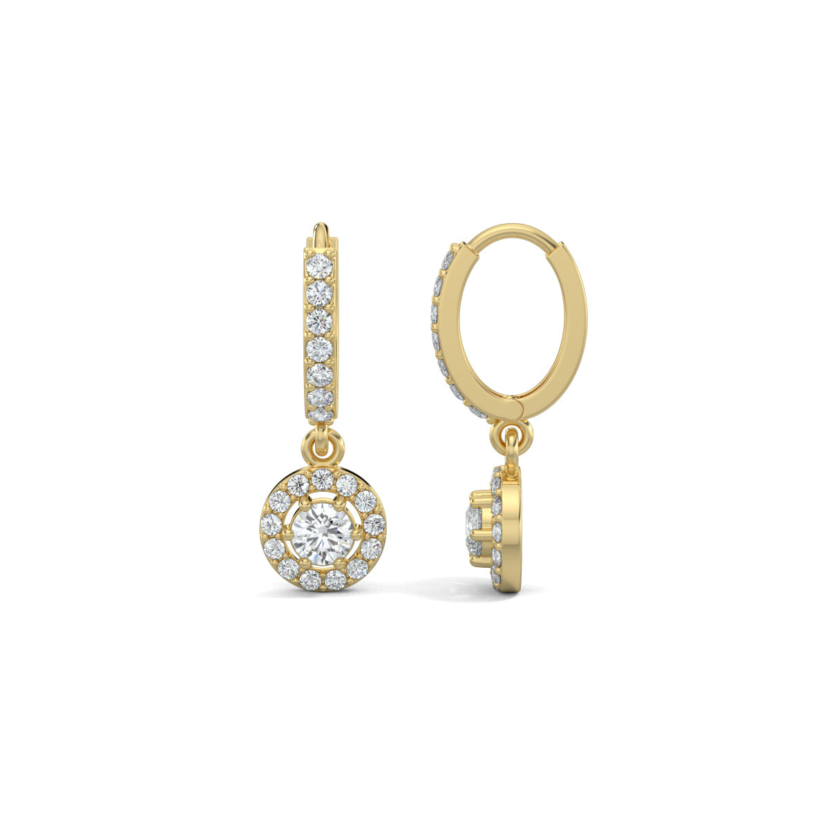 Yellow Gold, Natural diamond hoop earrings, Lab-grown diamond hoop earrings, Pave setting diamond earrings, Halo setting diamond jewelry,Dangler earrings with round diamonds, Celestial diamond earrings, Diamond earrings