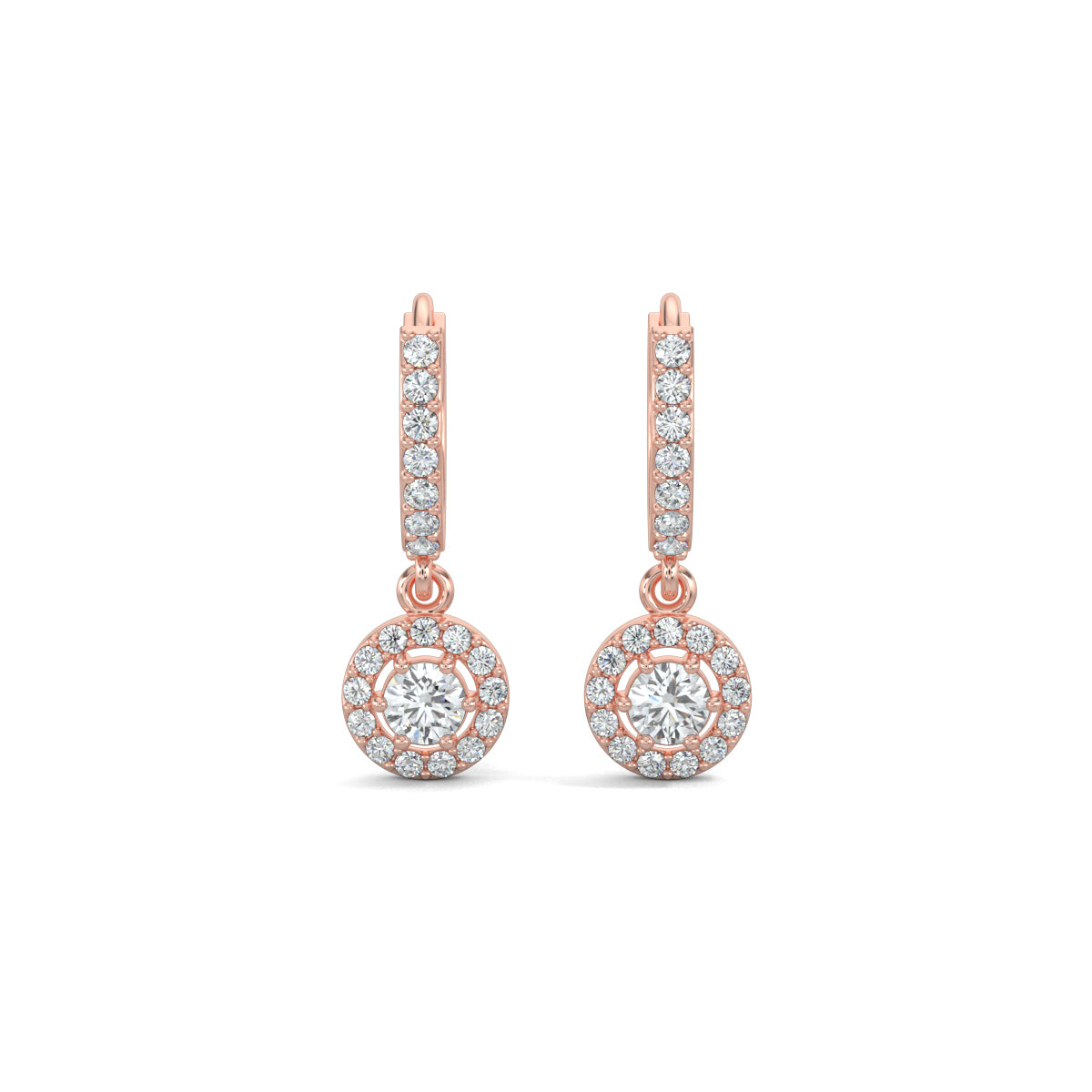 Rose Gold, Natural diamond hoop earrings, Lab-grown diamond hoop earrings, Pave setting diamond earrings, Halo setting diamond jewelry,Dangler earrings with round diamonds, Celestial diamond earrings, Diamond earrings