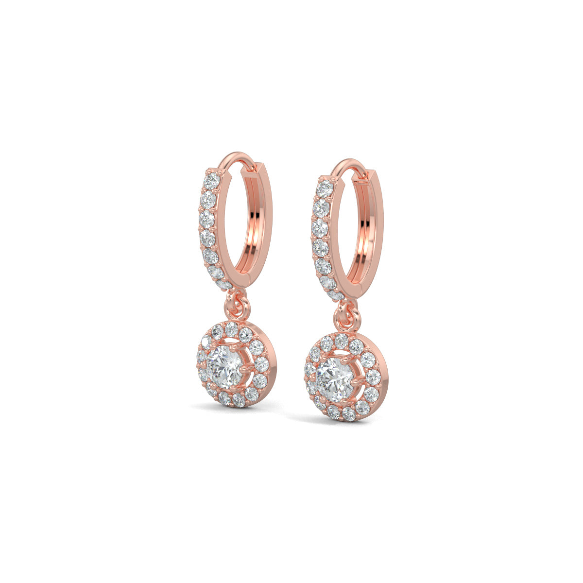 Rose Gold, Natural diamond hoop earrings, Lab-grown diamond hoop earrings, Pave setting diamond earrings, Halo setting diamond jewelry,Dangler earrings with round diamonds, Celestial diamond earrings, Diamond earrings