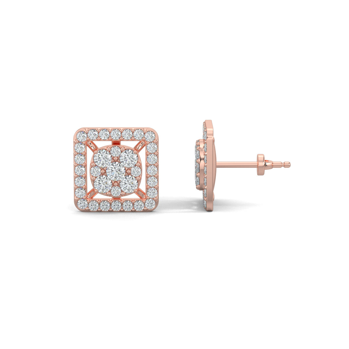 Rose Gold, Diamond Earrings, Brilliance Cube stud earrings, square halo setting, natural diamonds, lab-grown diamonds, pave setting, elegant jewelry, fine accessories, radiant square earrings