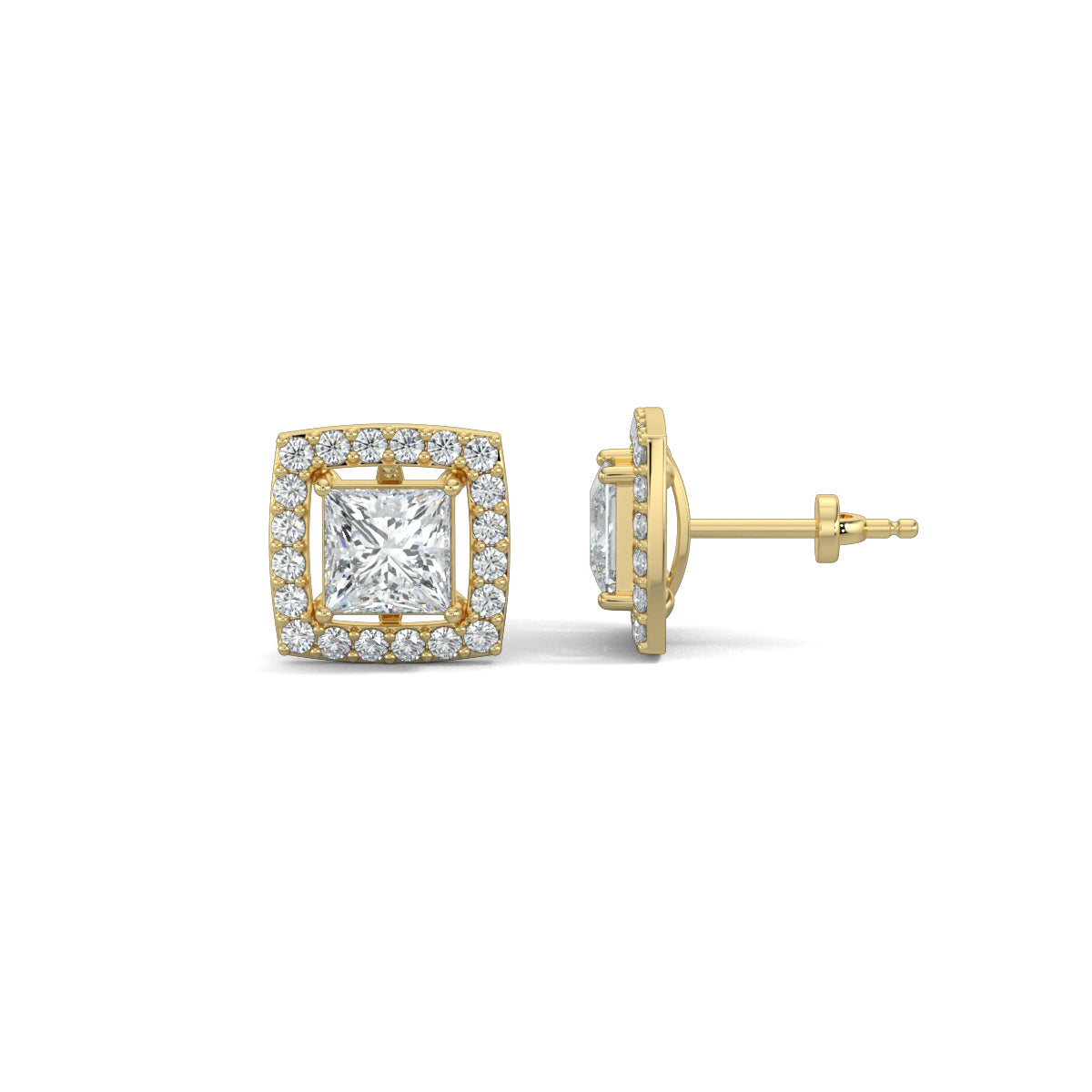 Yellow Gold, Diamond Earrings, Luxe Square Stud Earrings, Lab-Grown Diamonds, Princess Cut Diamond, Pave Setting, Square Shape, Elegant Jewelry, Sophisticated Accessories.