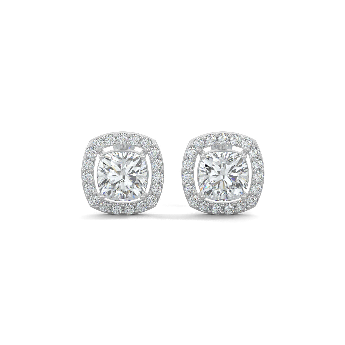 White Gold, Diamond Earrings, Natural diamond stud earrings, Lab-grown diamond stud earrings, CushionGlow earrings, Halo setting earrings, Cushion cut diamonds, Square stud earrings, Pave setting earrings