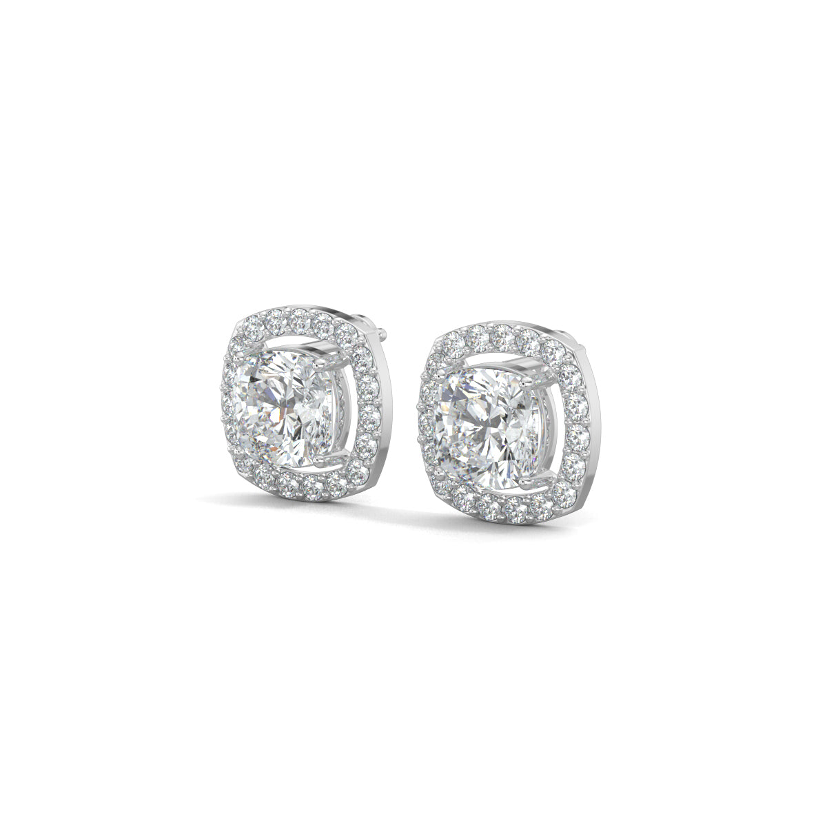 White Gold, Diamond Earrings, Natural diamond stud earrings, Lab-grown diamond stud earrings, CushionGlow earrings, Halo setting earrings, Cushion cut diamonds, Square stud earrings, Pave setting earrings