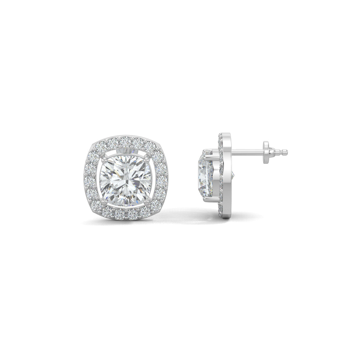 White Gold, Diamond Earrings, Natural diamond stud earrings, Lab-grown diamond stud earrings, CushionGlow earrings, Halo setting earrings, Cushion cut diamonds, Square stud earrings, Pave setting earrings