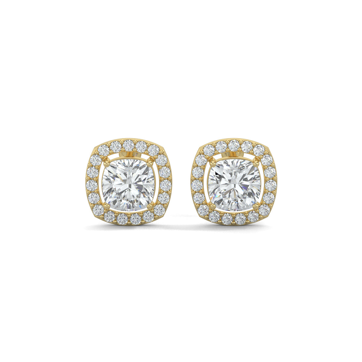 Yellow Gold, Diamond Earrings, Natural diamond stud earrings, Lab-grown diamond stud earrings, CushionGlow earrings, Halo setting earrings, Cushion cut diamonds, Square stud earrings, Pave setting earrings