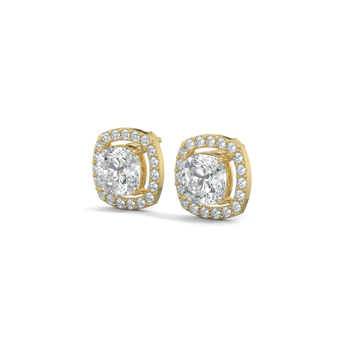 Yellow Gold, Diamond Earrings, Natural diamond stud earrings, Lab-grown diamond stud earrings, CushionGlow earrings, Halo setting earrings, Cushion cut diamonds, Square stud earrings, Pave setting earrings