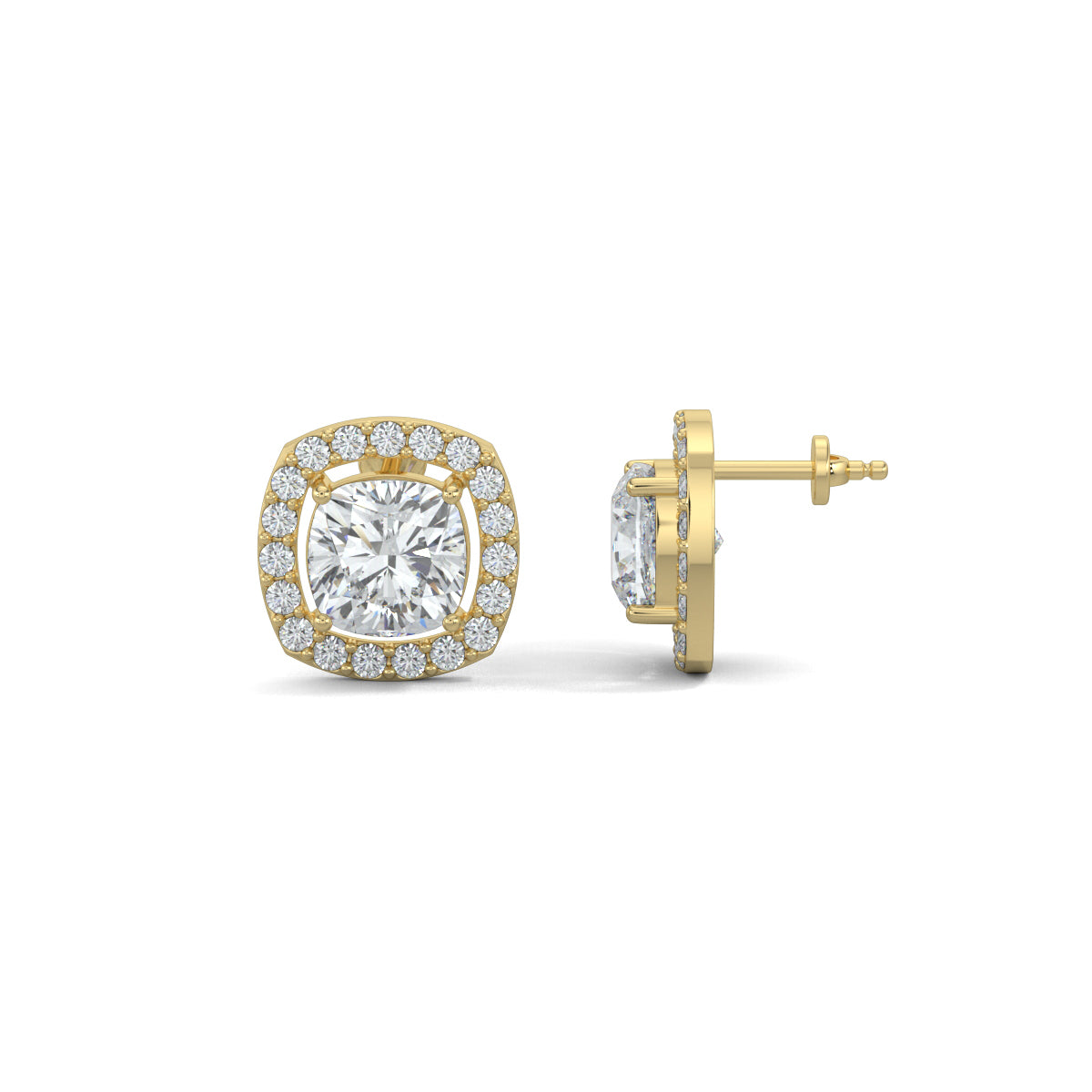 Yellow Gold, Diamond Earrings, Natural diamond stud earrings, Lab-grown diamond stud earrings, CushionGlow earrings, Halo setting earrings, Cushion cut diamonds, Square stud earrings, Pave setting earrings