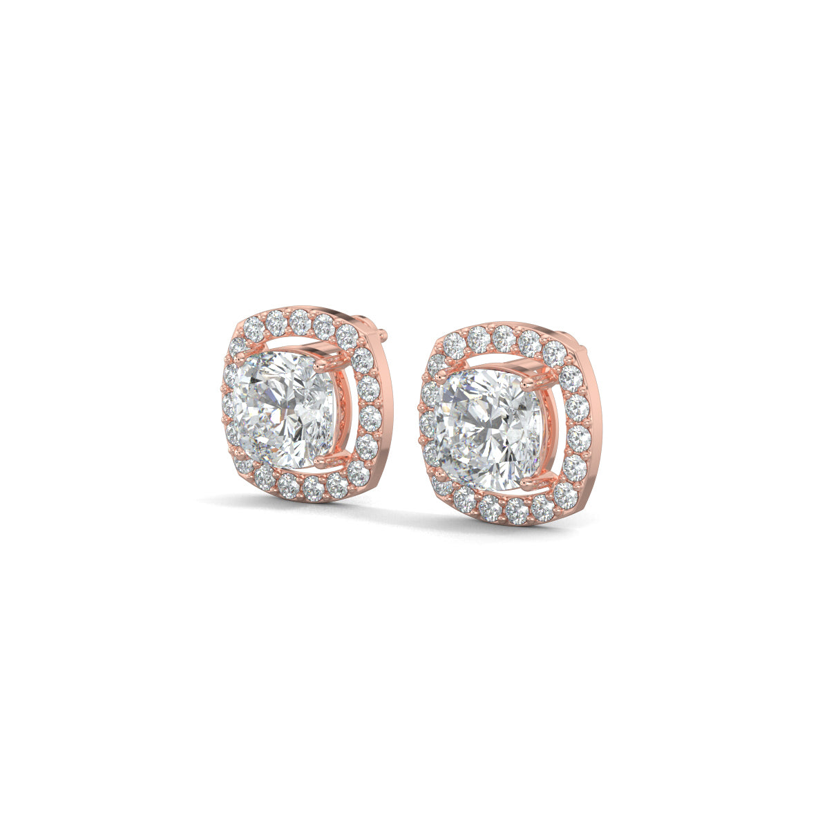 Rose Gold, Diamond Earrings, Natural diamond stud earrings, Lab-grown diamond stud earrings, CushionGlow earrings, Halo setting earrings, Cushion cut diamonds, Square stud earrings, Pave setting earrings