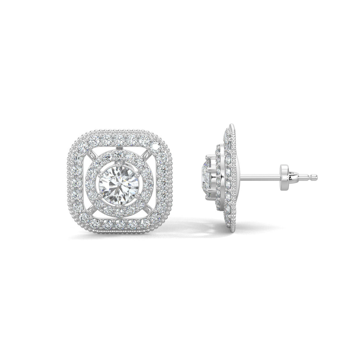 White Gold, Diamond Earrings, Celestial spectra natural diamond stud earrings Celestial spectra lab-grown diamond stud earrings, celestial earrings, lab-grown diamond earrings, pave setting earrings, stud earrings, diamond stud earrings, innovative earrings, luxury celestial jewelry, ethical diamond earrings.
