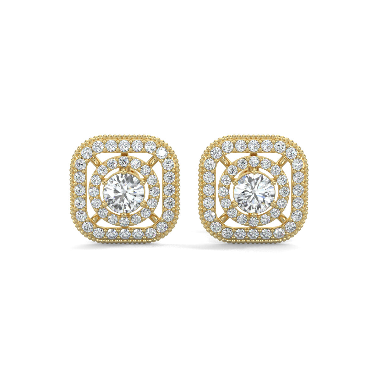 Yellow Gold, Diamond Earrings, Celestial spectra natural diamond stud earrings Celestial spectra lab-grown diamond stud earrings, celestial earrings, lab-grown diamond earrings, pave setting earrings, stud earrings, diamond stud earrings, innovative earrings, luxury celestial jewelry, ethical diamond earrings.