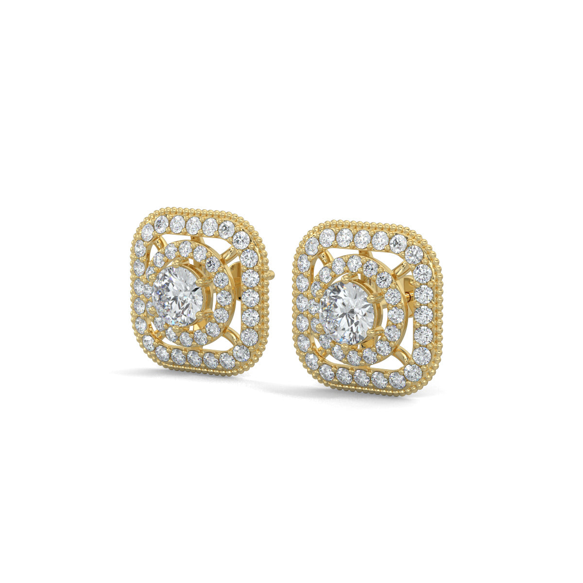 Yellow Gold, Diamond Earrings, Celestial spectra natural diamond stud earrings Celestial spectra lab-grown diamond stud earrings, celestial earrings, lab-grown diamond earrings, pave setting earrings, stud earrings, diamond stud earrings, innovative earrings, luxury celestial jewelry, ethical diamond earrings.