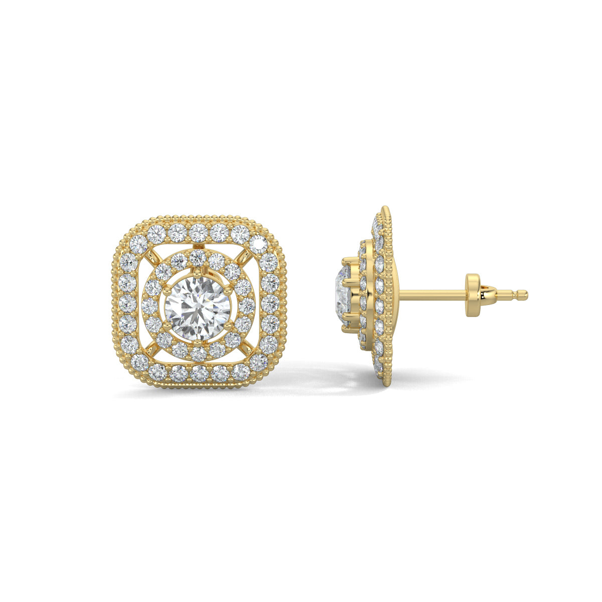 Yellow Gold, Diamond Earrings, Celestial spectra natural diamond stud earrings Celestial spectra lab-grown diamond stud earrings, celestial earrings, lab-grown diamond earrings, pave setting earrings, stud earrings, diamond stud earrings, innovative earrings, luxury celestial jewelry, ethical diamond earrings.