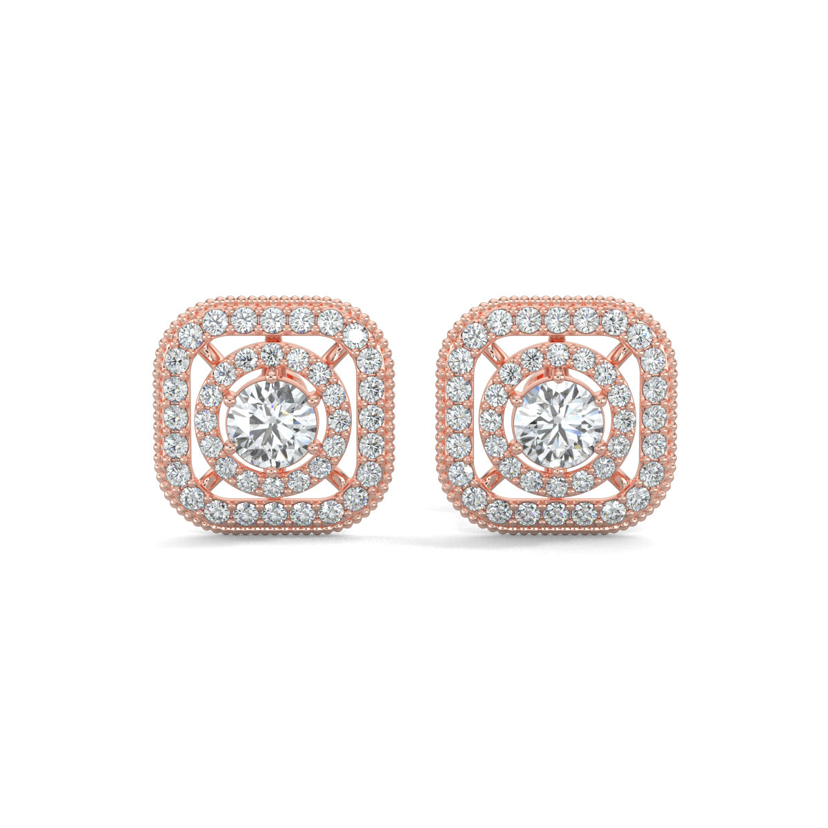 Rose Gold, Diamond Earrings, Celestial spectra natural diamond stud earrings Celestial spectra lab-grown diamond stud earrings, celestial earrings, lab-grown diamond earrings, pave setting earrings, stud earrings, diamond stud earrings, innovative earrings, luxury celestial jewelry, ethical diamond earrings.