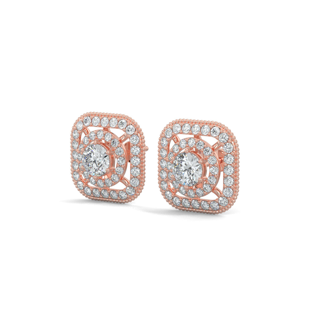 Rose Gold, Diamond Earrings, Celestial spectra natural diamond stud earrings Celestial spectra lab-grown diamond stud earrings, celestial earrings, lab-grown diamond earrings, pave setting earrings, stud earrings, diamond stud earrings, innovative earrings, luxury celestial jewelry, ethical diamond earrings.