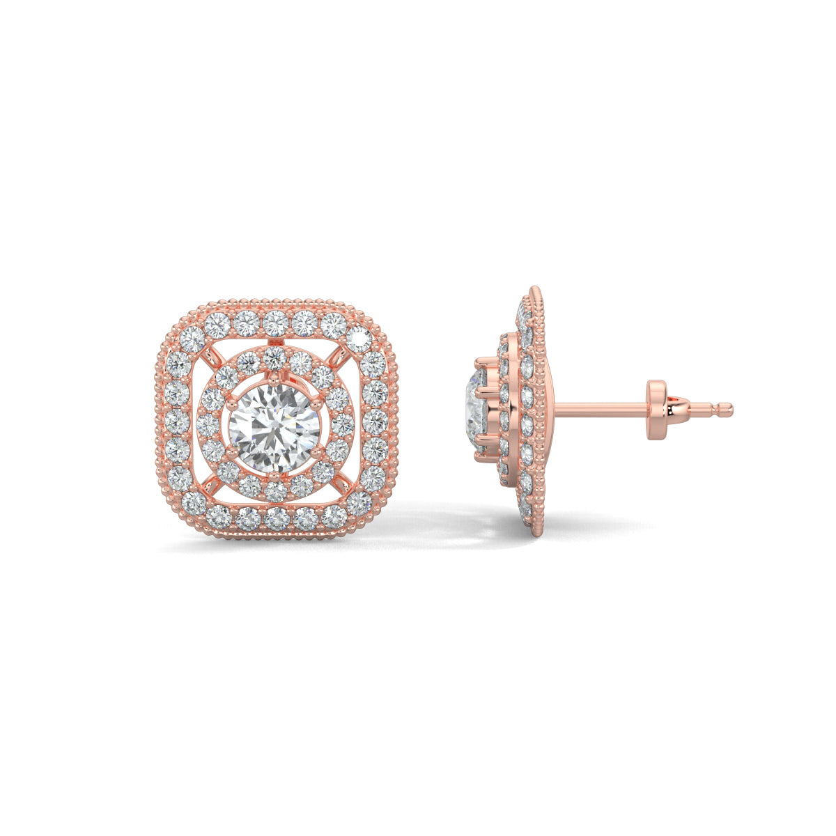 Rose Gold, Diamond Earrings, Celestial spectra natural diamond stud earrings Celestial spectra lab-grown diamond stud earrings, celestial earrings, lab-grown diamond earrings, pave setting earrings, stud earrings, diamond stud earrings, innovative earrings, luxury celestial jewelry, ethical diamond earrings.