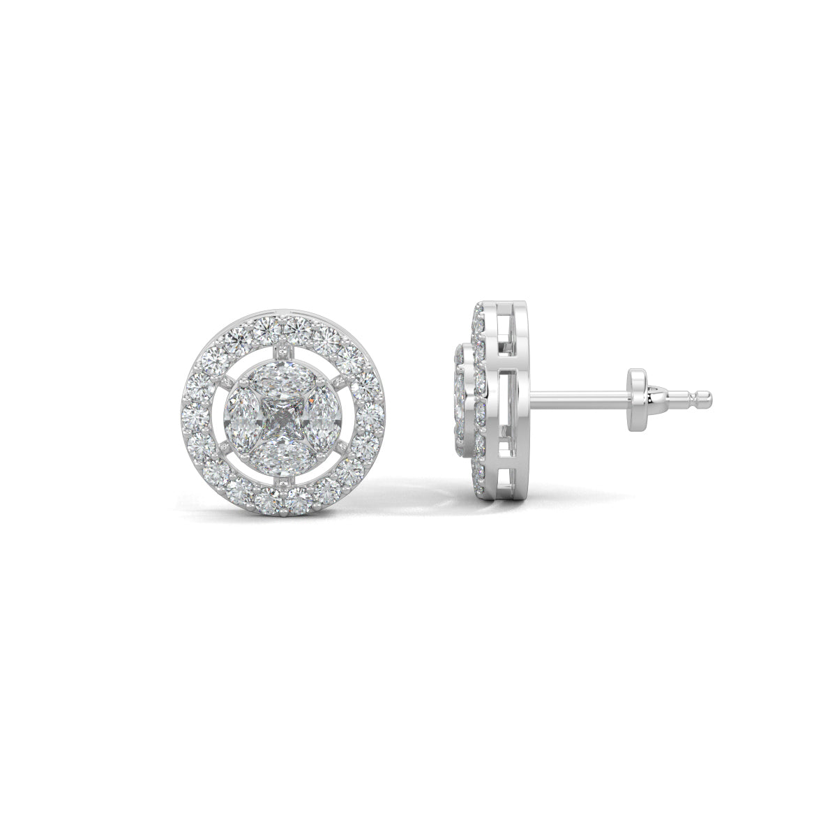 White Gold, Diamond Earrings, Cirque Crown Stud Earrings, Natural diamonds, Lab-grown diamond halo setting studs with round, princess cut, and marquise diamonds